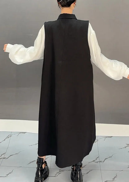 Black Zippered Patchwork Hollow Out Long Waistcoat Dress Spring
