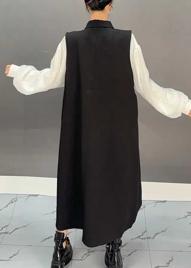 Black Zippered Patchwork Hollow Out Long Waistcoat Dress Spring
