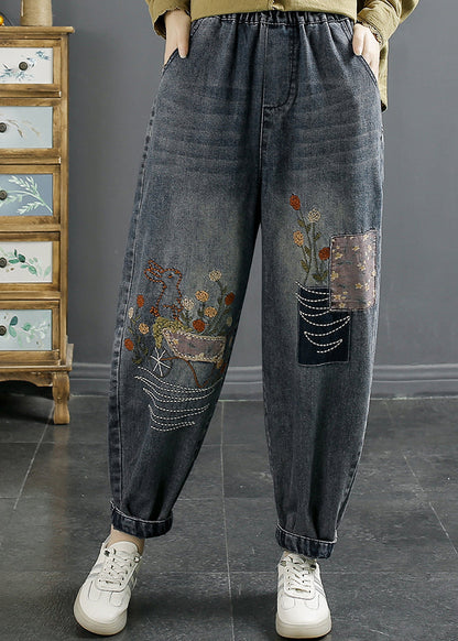 Natural Blue Embroideried Pockets Elastic Waist Denim Pants Fall