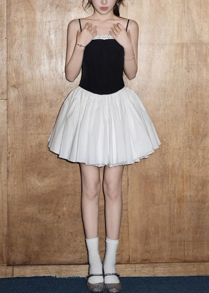 Slim Fit Black Lace Spaghetti Strap Tank and White Skirts Cotton Two Pieces Set Sleeveless