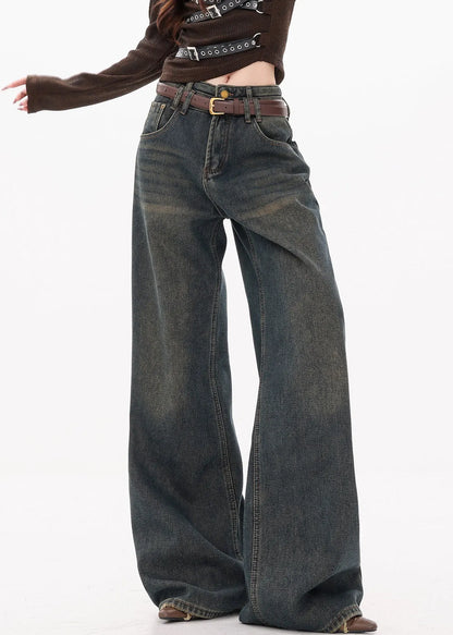 Retro Dark Blue Pockets High Waist Denim Wide Leg Pants Fall