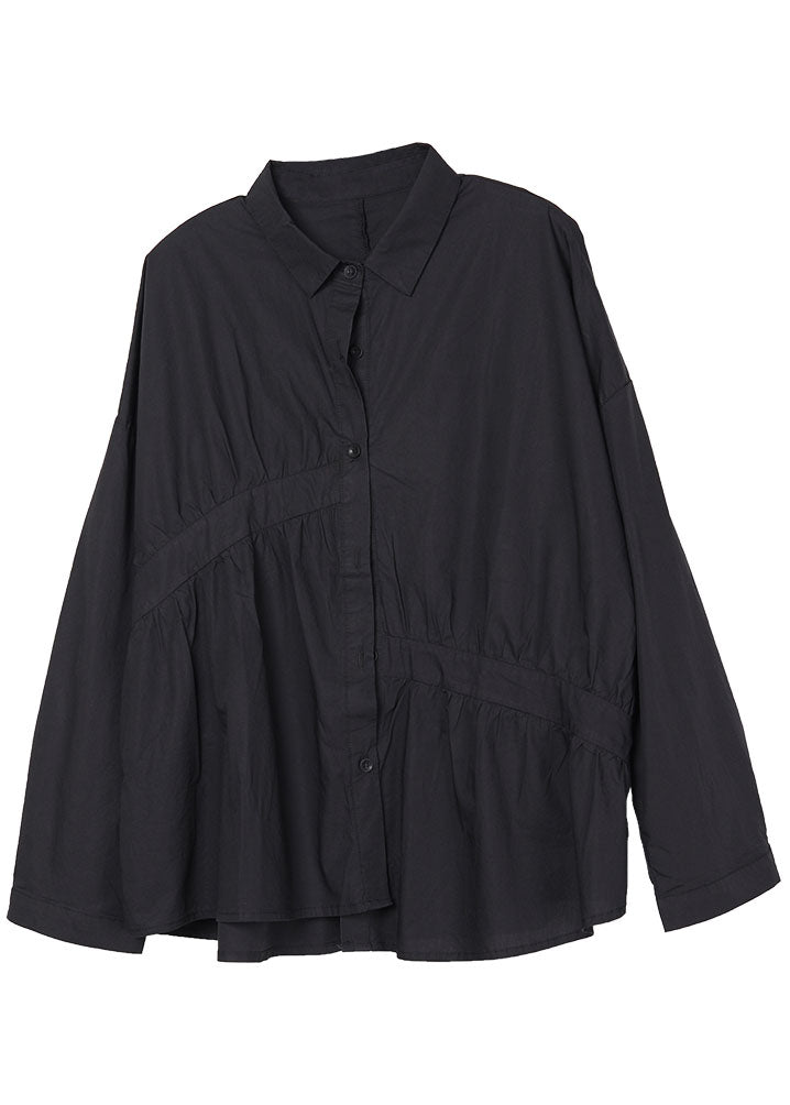 Italian Black Peterpan Collar Wrinkled Button Fall Shirt Long Sleeve