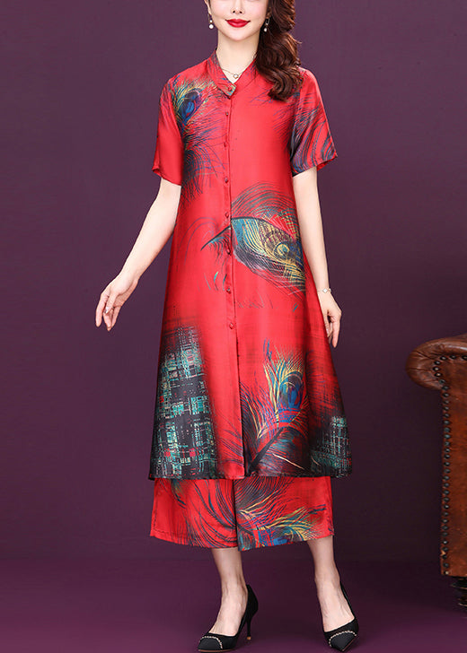 Original Design Red Stand Collar Print Silk Shirt Top and Pants Two Pieces Set Summer
