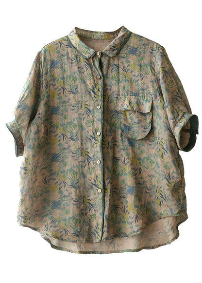 Green Peter Pan Collar Print Pocket Shirt Top Short Sleeve