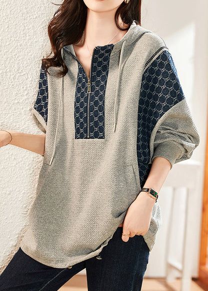 Grey Zip Up Hooded Patchwork Cotton Top Fall