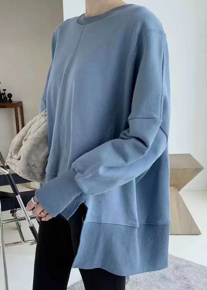 Blue Cotton Loose Sweatshirt O-neck Low High Design Spring