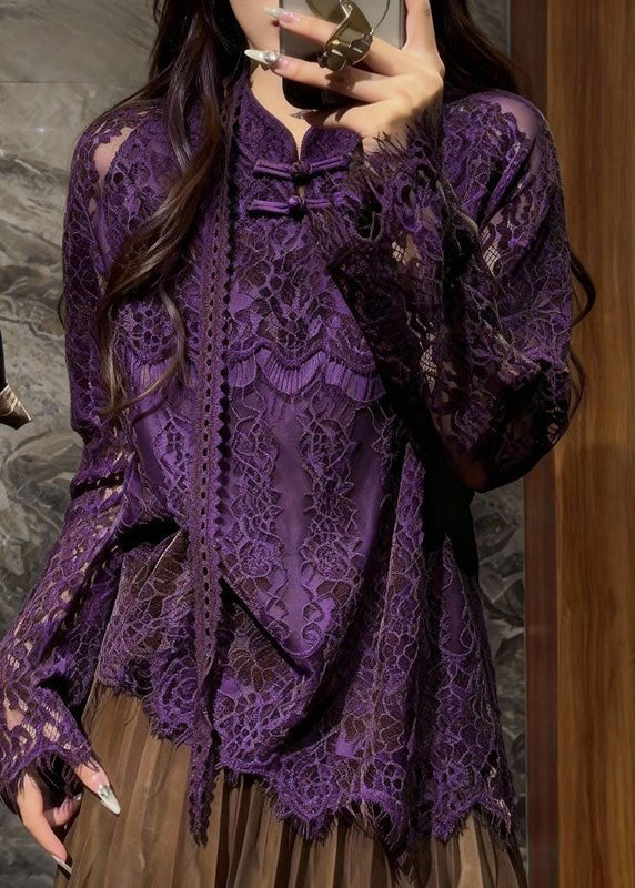 Purple Mandarin Collar Hollow Out Lace Blouses Spring