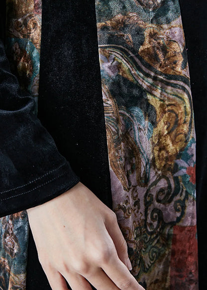 Black Exra Large Hem Patchwork Silk Velour Vacation Dresses Fall