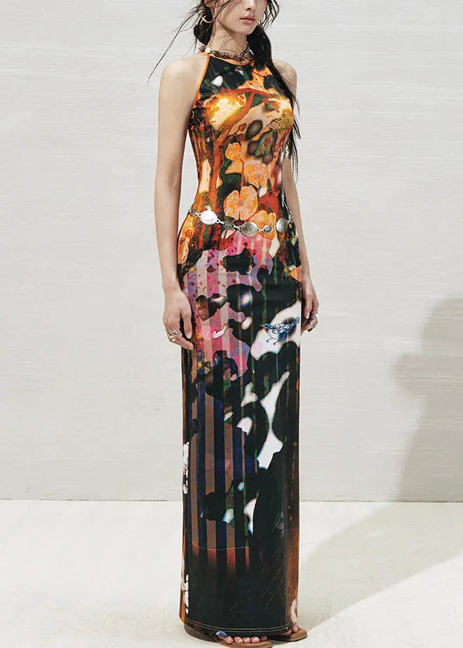 Orange Side Open Cotton Long Dresses O-neck Summer