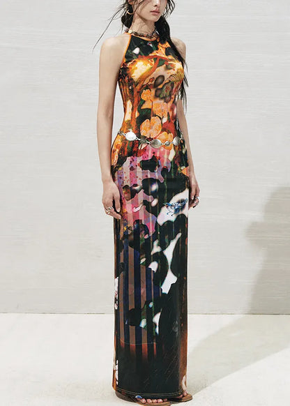 Orange Side Open Cotton Long Dresses O-neck Summer
