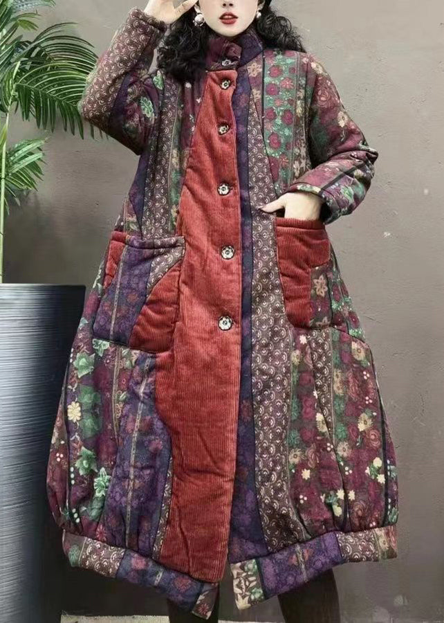 Navy Pockets Print Patchwork Warm Fleece Coats Winter