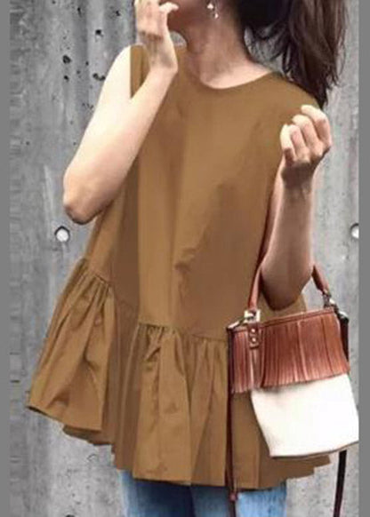 Camel O-neck Ruffled Patchwork Tops Summer