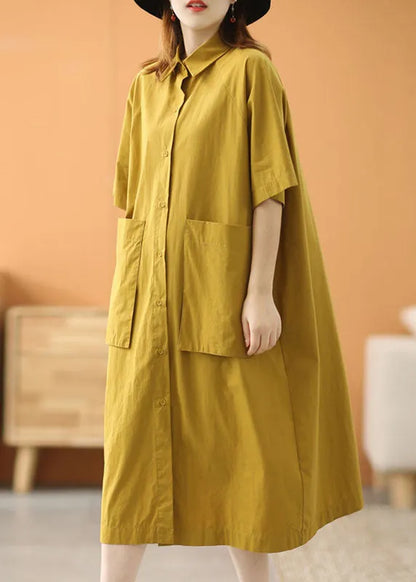 Modern Green Peter Pan Collar Oversized Big Pockets Cotton Loose Shirt Dress Short Sleeve