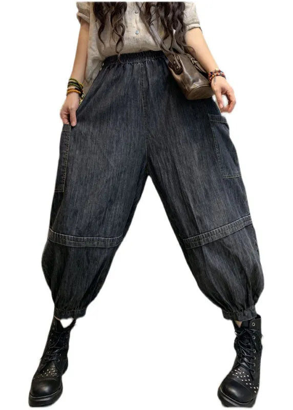 Handmade Black High Waist Patchwork Denim Pants Spring