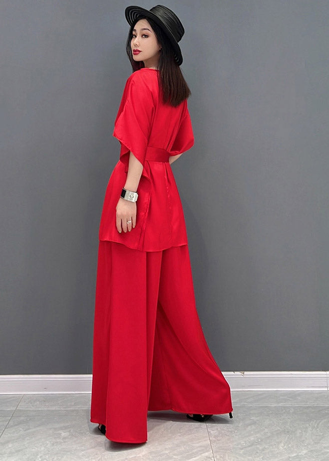 Fine Red Slash Neck Top and Long Pants Two Piece Set Summer