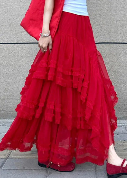 Style Red Elastic Waist Tulle Maxi Cake Skirt Summer