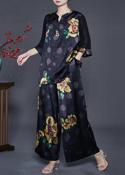 Black Oversized Print Draping Silk Two Pieces Set