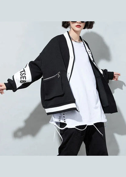 Black V Neck Patchwork Button Coat Spring