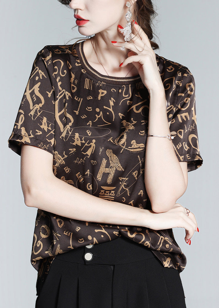 Coffee O-neck Print Chiffon Tops Short Sleeve