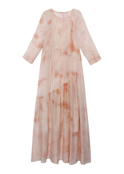 Boutique Pink O-neck Print Patchwork Silk Dresses Summer
