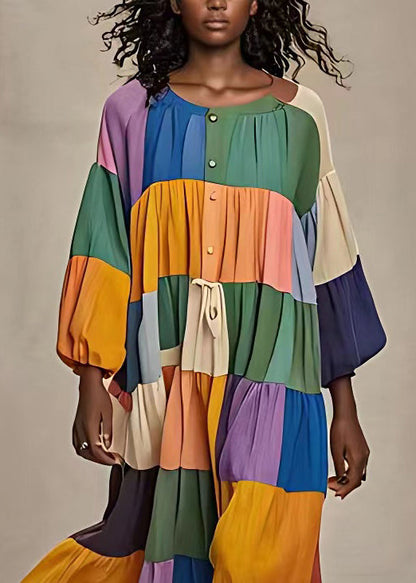 Button Lace Up Patchwork Cotton Long Dresses Long Sleeve