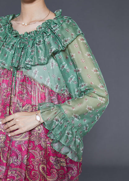 Rose Ruffled Patchwork Print Silk Two Pieces Set Fall