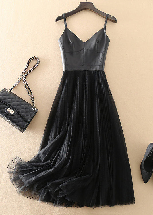 Black V Neck Sheepskin Patchwork Tulle Dress Sleeveless Summer