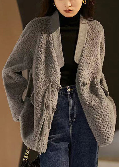 Grey V Neck Pockets Button Patchwork Wool Coat Winter