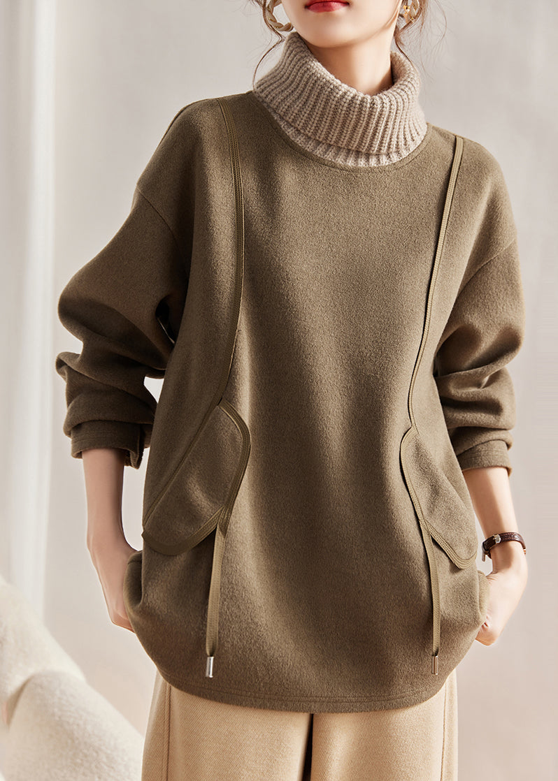 Army Green Turtle Neck Patchwork Cotton Sweatshirts Tops Winter