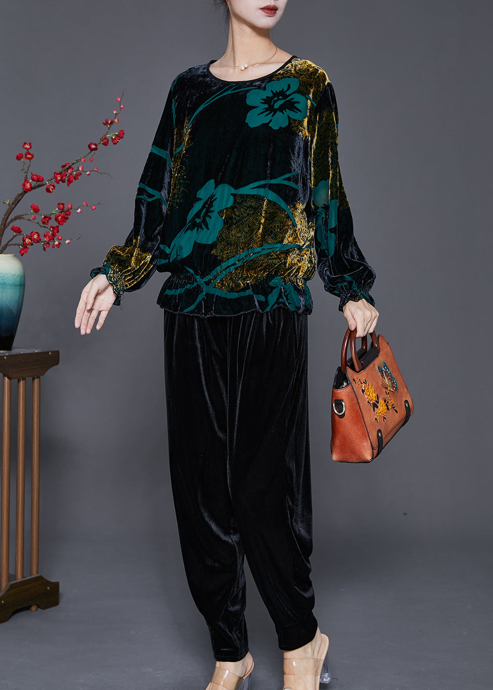 Green Print Oversized Silk Velour Two Pieces Set Fall