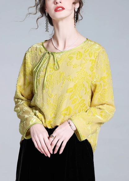 Yellow O-neck Lace Up Silk Velour Tops Fall