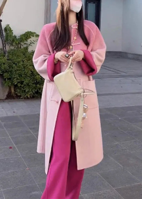 Gradient Color Rose Woolen Coats and Wide Leg Pants Two Pieces Set Fall
