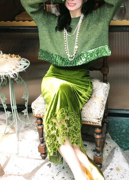 Green Hollow Out Cotton Knit Sweaters and Maxi Skirts Two Piece Set Winter
