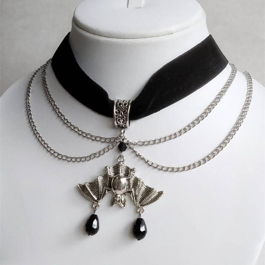 Gothic Enchantment: Crimson Velvet Choker With Midnight Bat Pendant