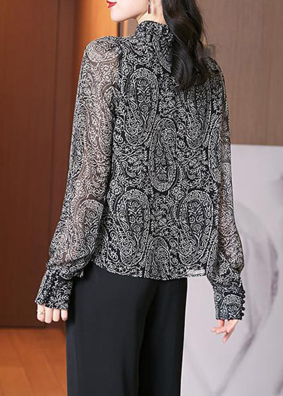 Black Stand Collar Print Chiffon Blouses Long Sleeve
