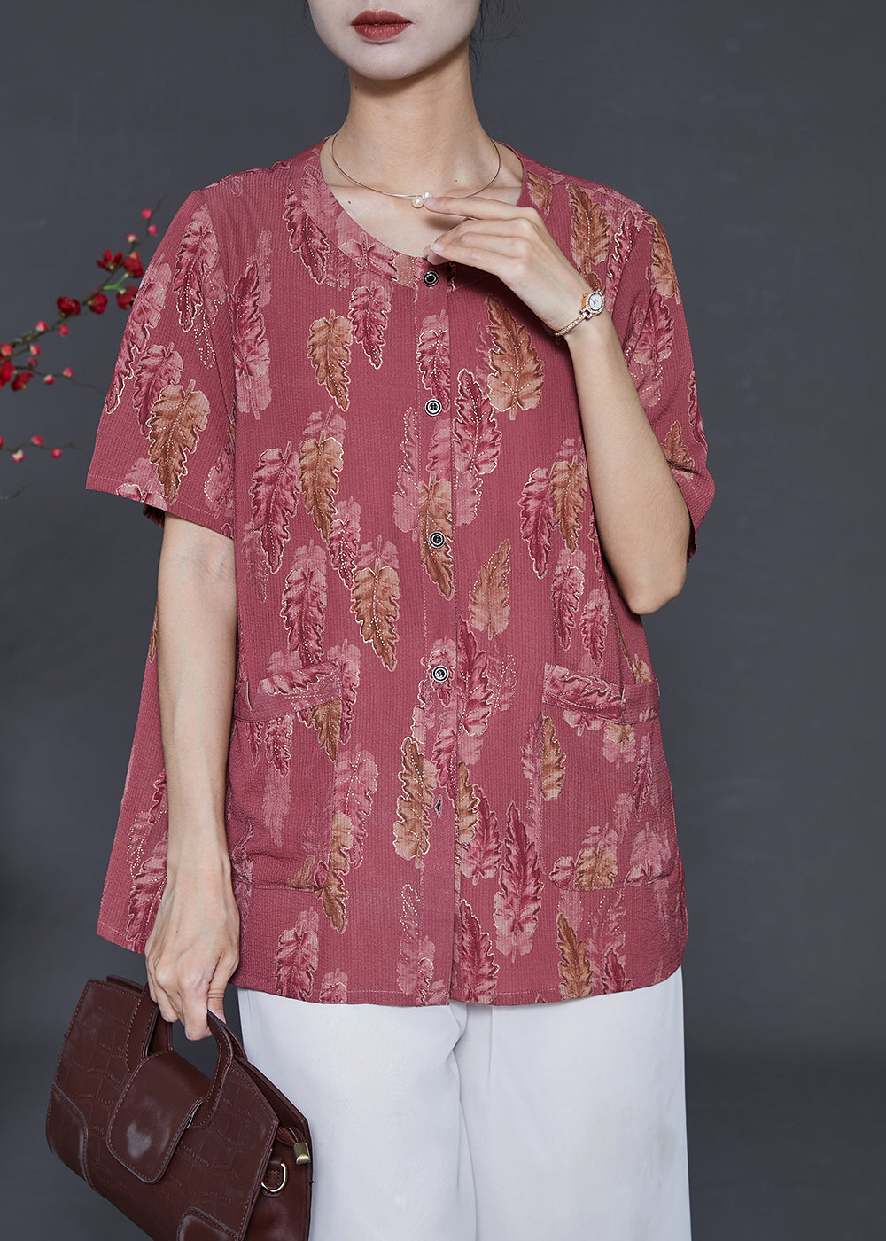 Brick Red Oversized Print Silk Shirt Summer