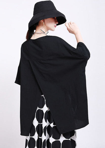 Classy Black O-neck Oversized Side Open Cotton Blouses Batwing Sleeve