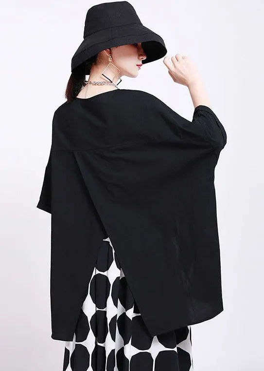 Classy Black O-neck Oversized Side Open Cotton Blouses Batwing Sleeve
