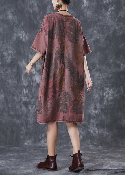Brick Red Oversized Print Denim Dresses Winter