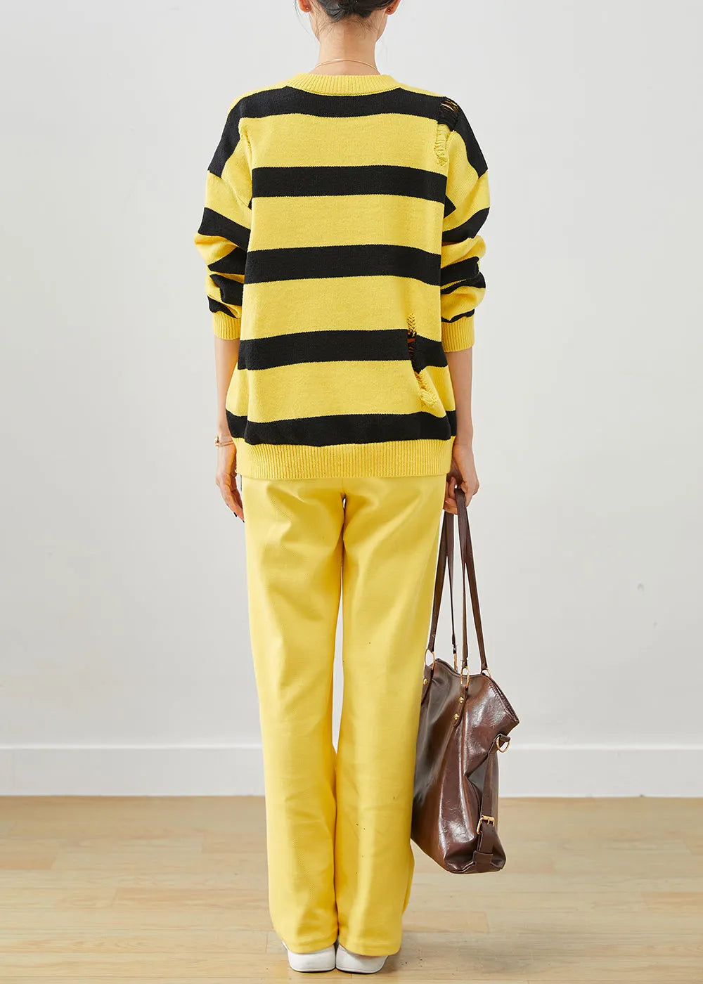 Yellow Oversized Striped Knit Ripped Two Pieces Set Fall