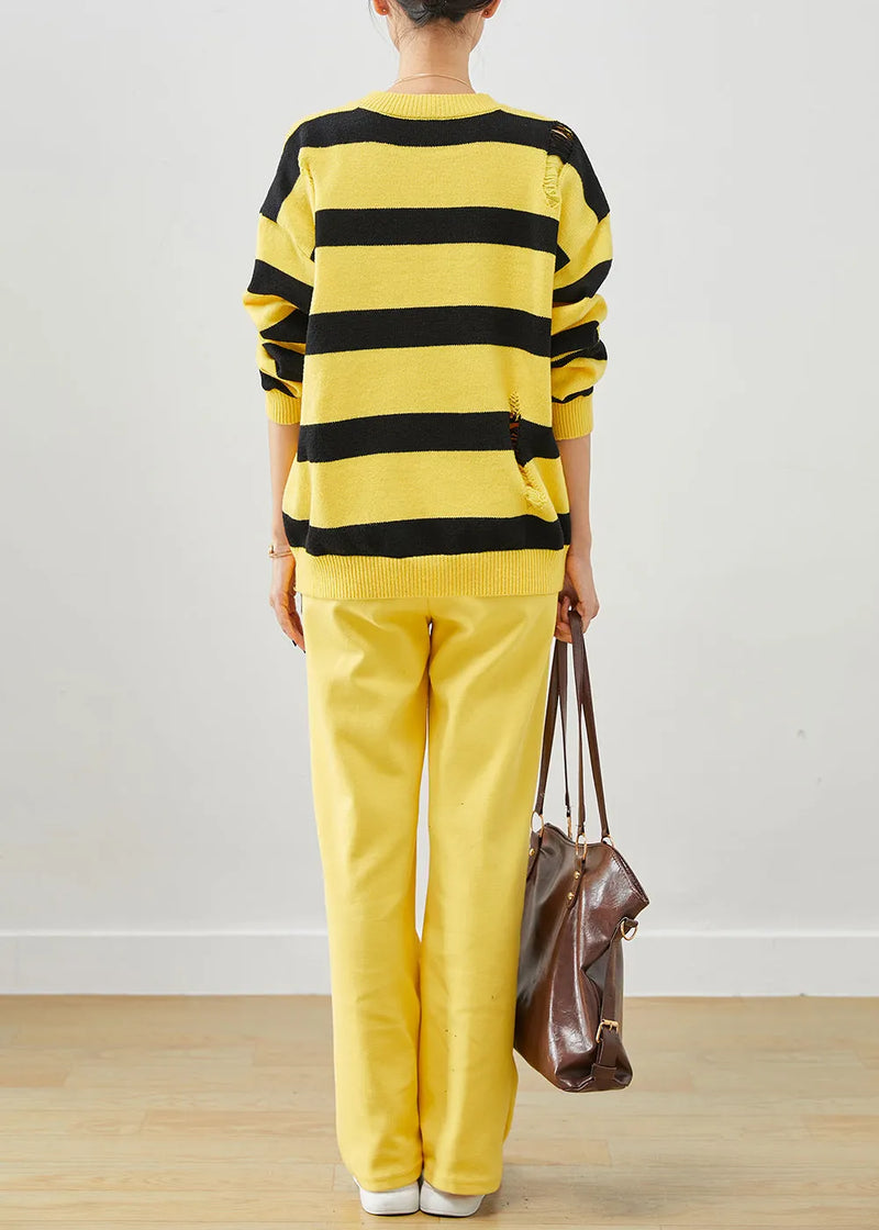 Yellow Oversized Striped Knit Ripped Two Pieces Set Fall