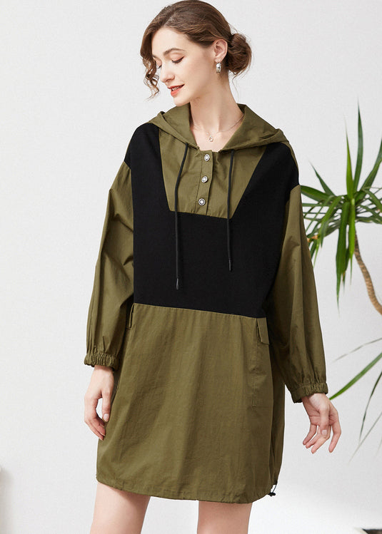 Army Green Hooded Oversized Patchwork Cotton Sweatshirt Spring