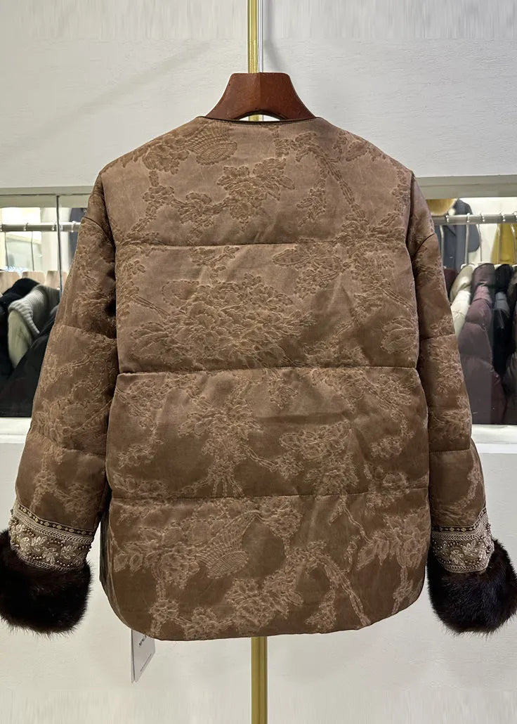 Brown Embroidered Jacquard Duck Down Jackets Winter