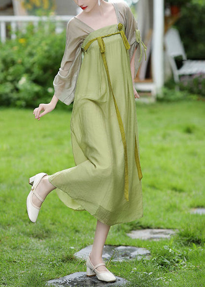 New Green Square Collar Lace Up Patchwork Chiffon Dress Flare Sleeve