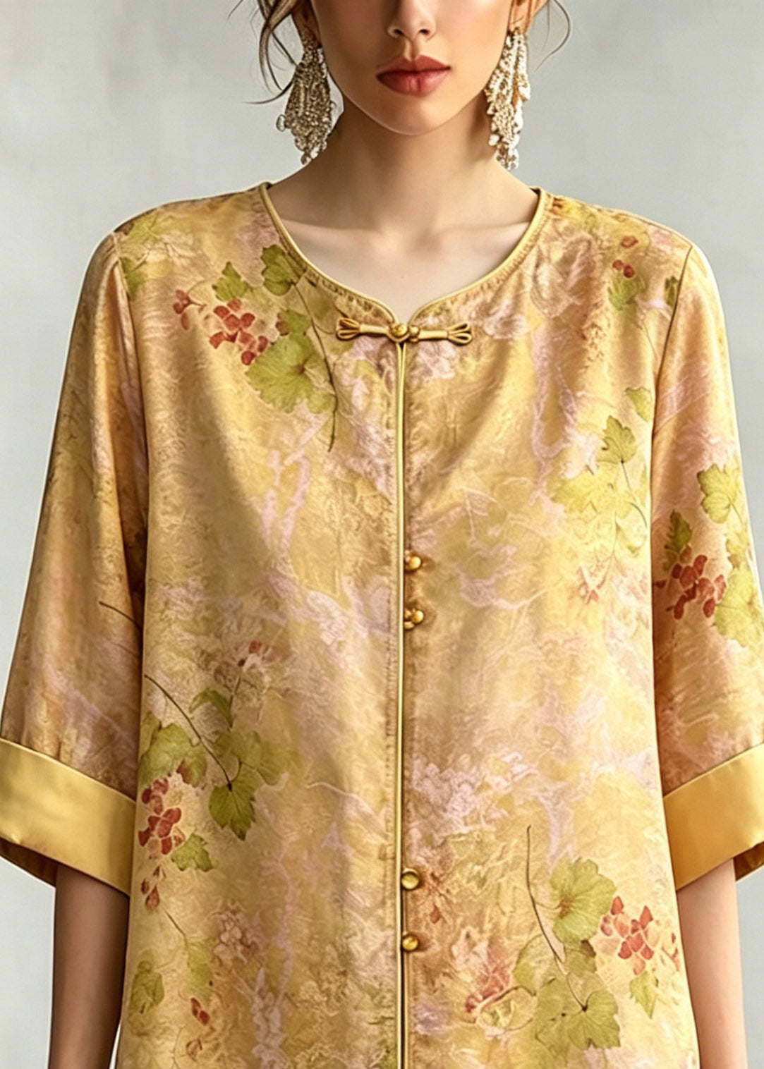 Yellow O-neck Print Shirt Three Quarter Sleeve