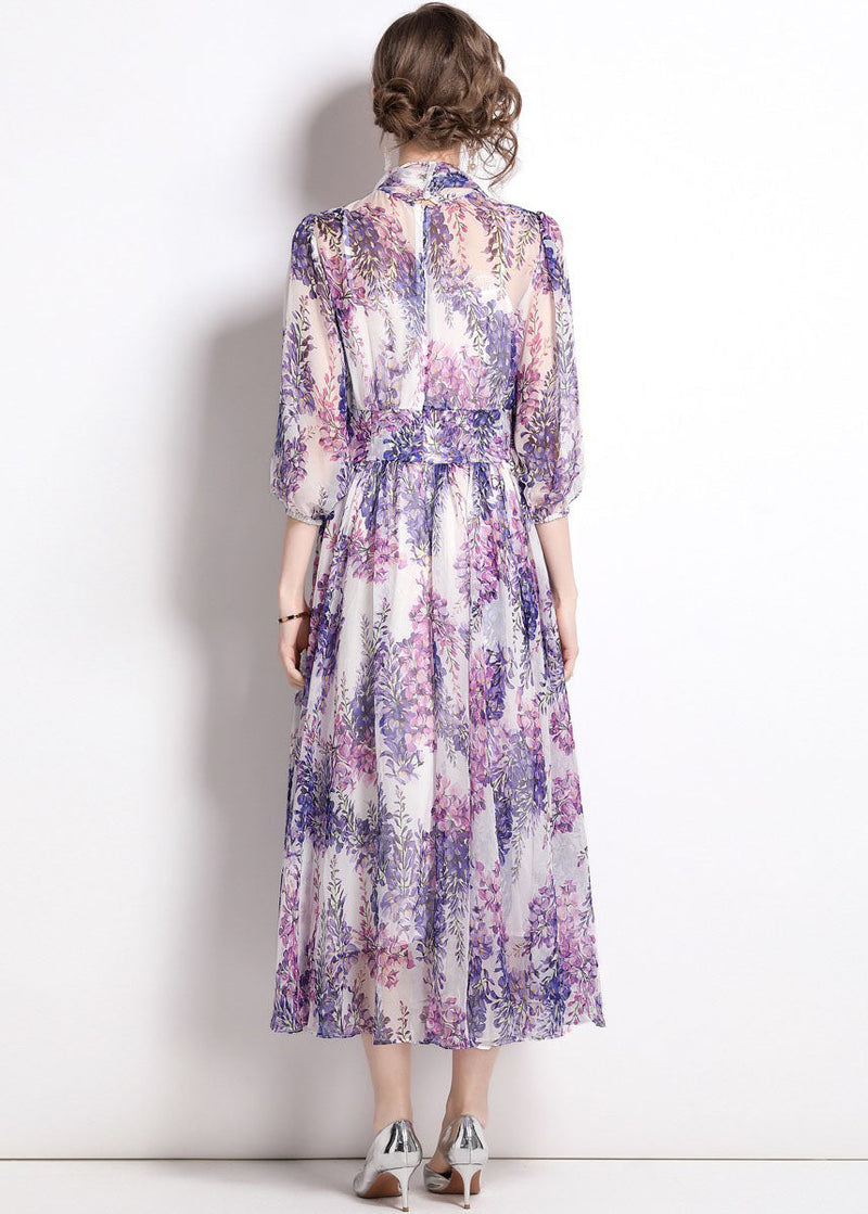 Purple Stand Collar Print Chiffon Long Dress Bracelet Sleeve