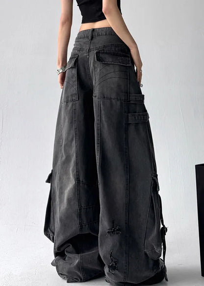 Black Original Design Pockets Denim Pants High Waist