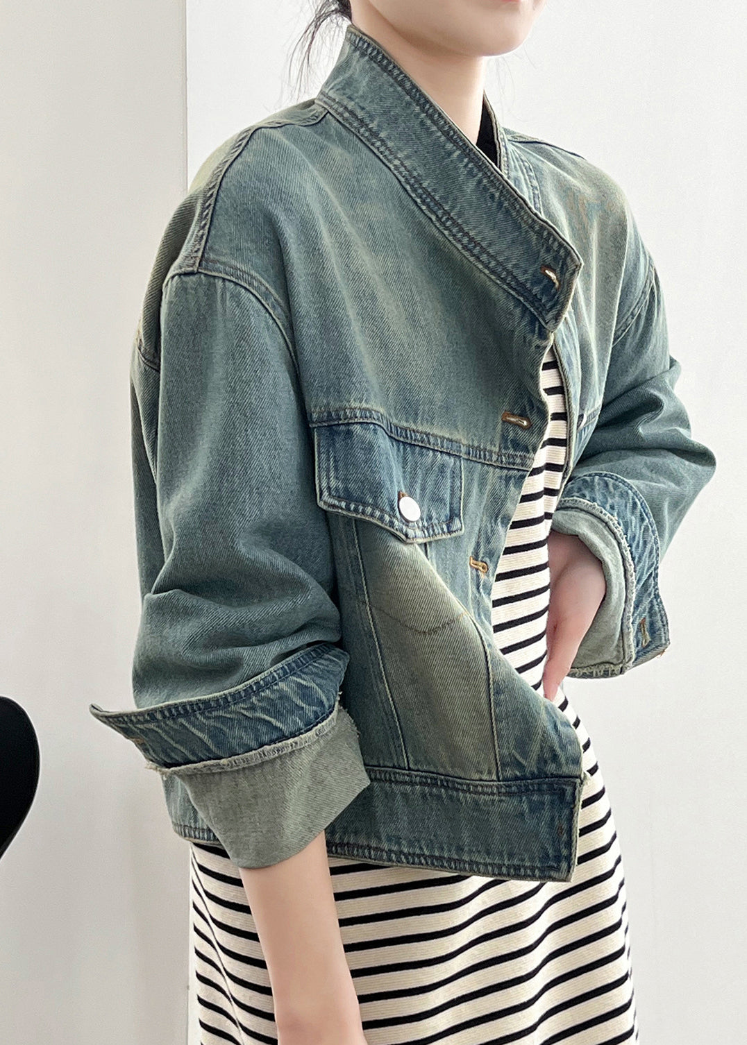 Blue Stand Collar Pockets Denim Short Coat Fall