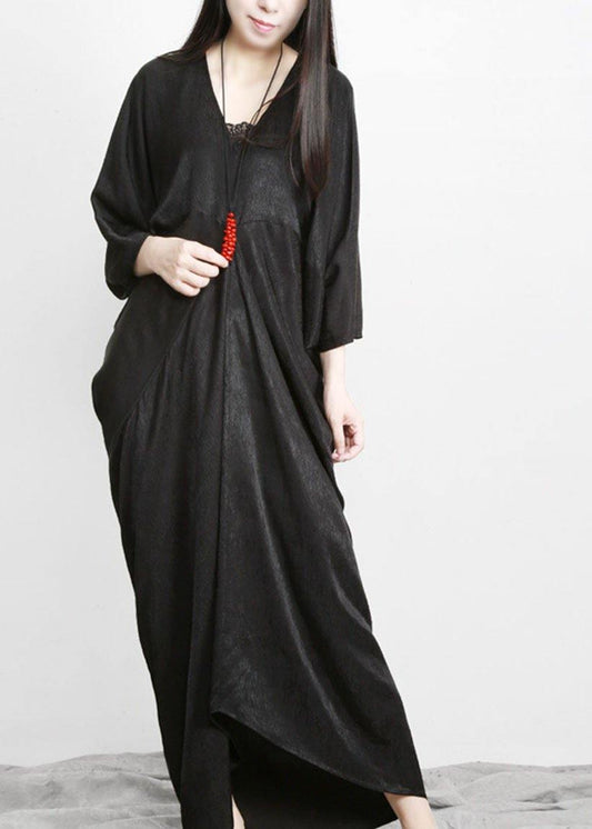 Unique Black Asymmetric V Neck Silk Party Dresses