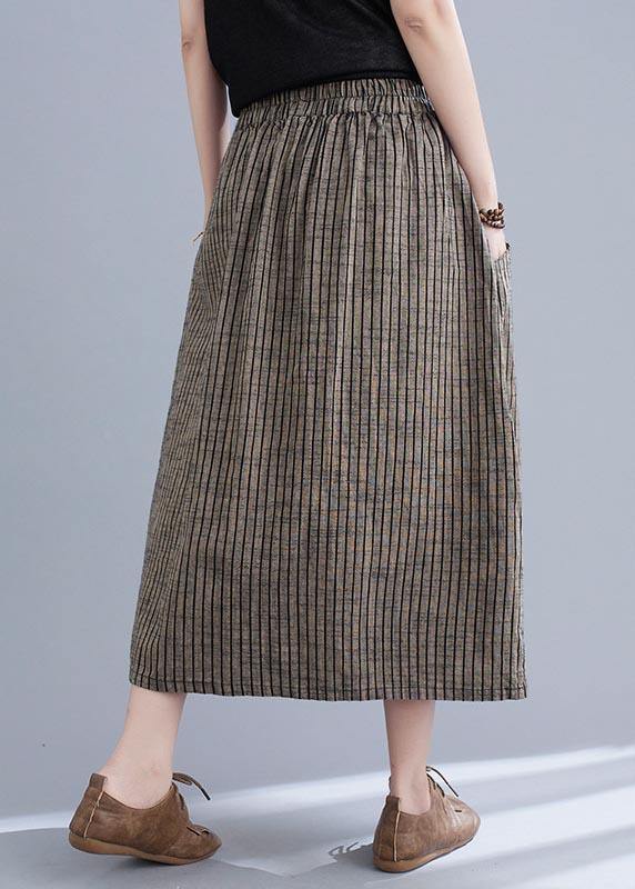 Style Brown Stripedbutton Cottonlinen Skirts Summer